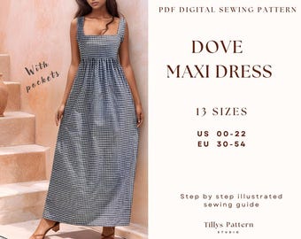 Cotton Dress Sewing Pattern| Square Neck Dress Pattern| Maxi Dress Pattern| Empire Waist Dress| Plus Size Dress Pattern| US 0-20