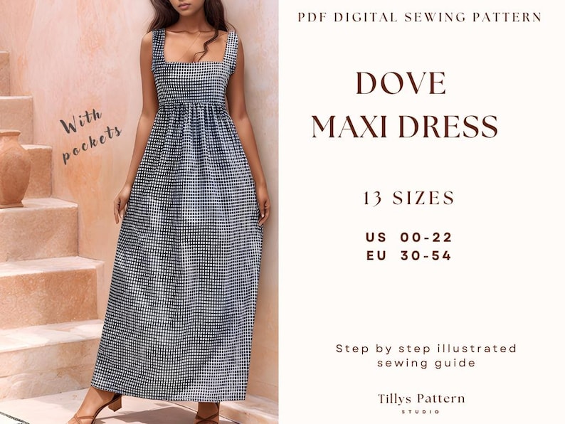 PDF Digital sewing pattern. Maxi cotton dress pattern. Easy beginner pattern 13 sizes: US 00-22, EU 30-54. Step by step easy sewing instructions.
