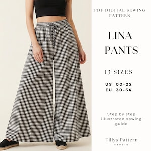 Naaipatroon Palazzo wijde pijpen| Broek met hoge taille| Eenvoudig broekpatroon| Loungekledingpatroon| Elastisch taillebandpatroon| Naai-tutorial