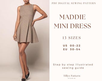 A Line Dress Pattern| Flare Mini Dress Sewing Pattern| Wedding guest dress| Easy sewing pattern| Sleeveless Dress Pattern| US 00-22