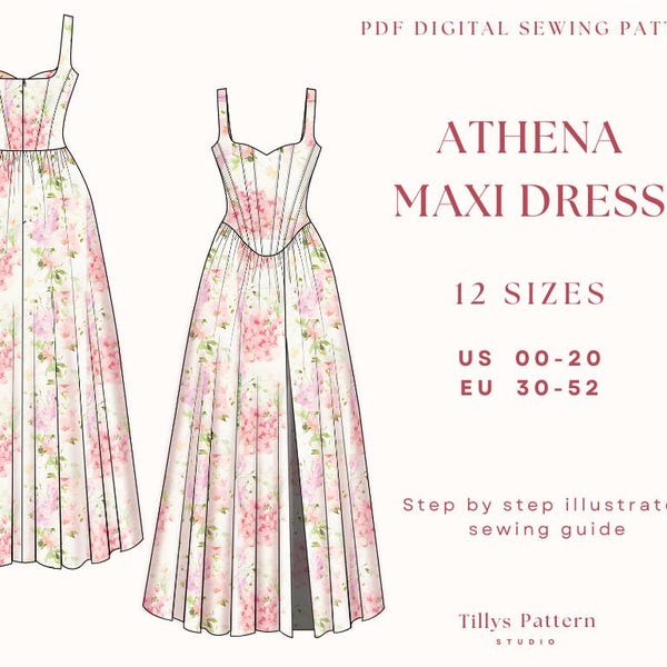 Abend Korsett Kleid Schnittmuster | Schlitzkleid-Muster | Sweetheart Neck Kleid Muster |  Hochzeitskleid| Plus Size Schnittmuster| USA 00-20