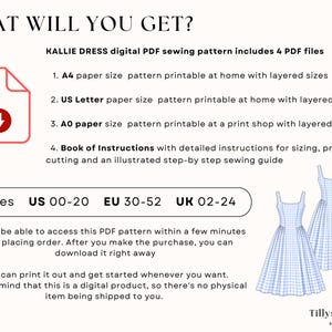 How to print only the size you need and save time and ink.                                                           
 1.A4 paper size pattern with layered sizes. 2. US Letter paper size pattern with layered sizes.  3. A0 paper size  pattern printable at a print shop with layered sizes
  4. Book of Instructions with detailed instructions for sizing, printing,                                                   cutting and an illustrated step-by step sewing guide