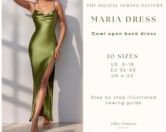 Cowl Neck Dress Sewing Pattern| Backless slip dress pattern| Prom dress pattern| Bridesmaid dress pattern| Wedding dress pattern| US 0-18