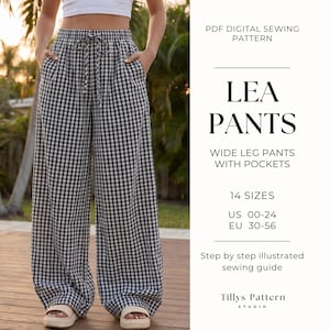 May include: Black and white checkered wide-leg pants with pockets. The pants have a drawstring waist. The image also includes text that reads "LEA PANTS", "WIDE LEG PANTS WITH POCKETS", and "US 00-24".