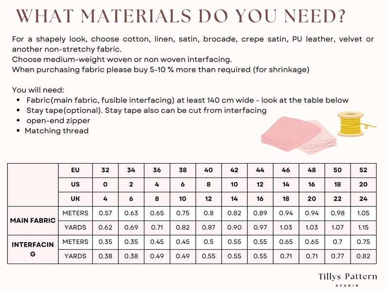 For a shapely look, choose cotton, linen, satin, brocade, crepe satin, PU leather, velvet or another non-stretchy fabric.
Choose medium-weight  woven or non woven interfacing.When purchasing fabric please buy 5-10 % more than required (for shrinkage)