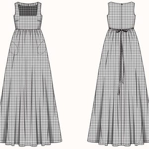 PDF Digital sewing pattern. Maxi cotton dress pattern. Easy beginner pattern 13 sizes: US 00-22, EU 30-54. Step by step easy sewing instructions.