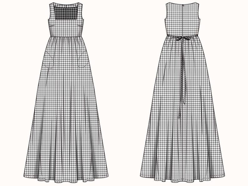 PDF Digital sewing pattern. Maxi cotton dress pattern. Easy beginner pattern 13 sizes: US 00-22, EU 30-54. Step by step easy sewing instructions.