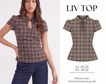 Tie Neck Top Sewing Pattern | Easy Top Sewing Pattern| Mandarin Collar Top | Keyhole Top | Y2k Pattern| Short Sleeve PDF Pattern | US 0-20
