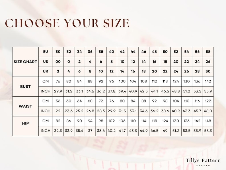 Size chart. US 00-22, EU 30-54, UK 2-26