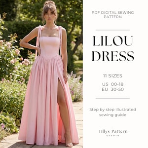 May include: A PDF digital sewing pattern for the Lilou Dress, featuring 11 sizes from US 00-18 and EU 30-50. The pattern includes a step-by-step illustrated sewing guide from Tillys Pattern Studio for a floor-length, light pink dress with tie straps.