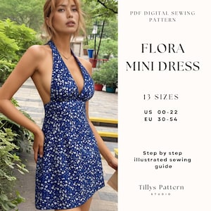 Patrón de costura para minivestido con cuello halter: Vestido de corte A sin espalda, talla 0-22 (patrón PDF)
