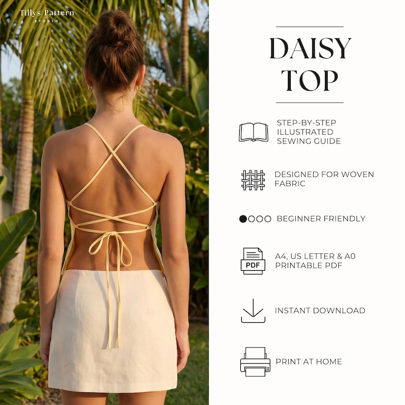 PDF Digital sewing pattern. Cami linen top with lace up back. Easy beginner pattern 12 sizes: US 00-20, EU 30-52. Step by step easy sewing instructions. Sewing tutorial. Y2K linen top.