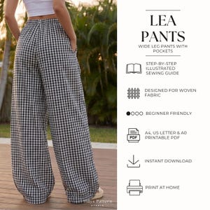 PDF Digital sewing pattern. Wide leg pants with pockets pattern. 14 sizes: US 00-24, EU 30-56. Step by step easy sewing instructions. Sewing tutorial.