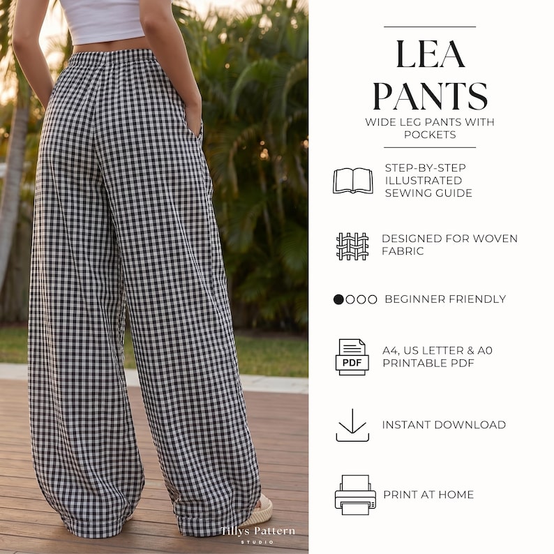 PDF Digital sewing pattern. Wide leg pants with pockets pattern. 14 sizes: US 00-24, EU 30-56. Step by step easy sewing instructions. Sewing tutorial.