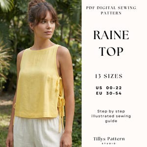 Patrón de costura para top con lazo lateral / Patrón para principiantes / Top sin mangas / Patrón de blusa / Patrón de costura fácil / Patrón de costura para mujer / Top de verano / Tallas US 00-22