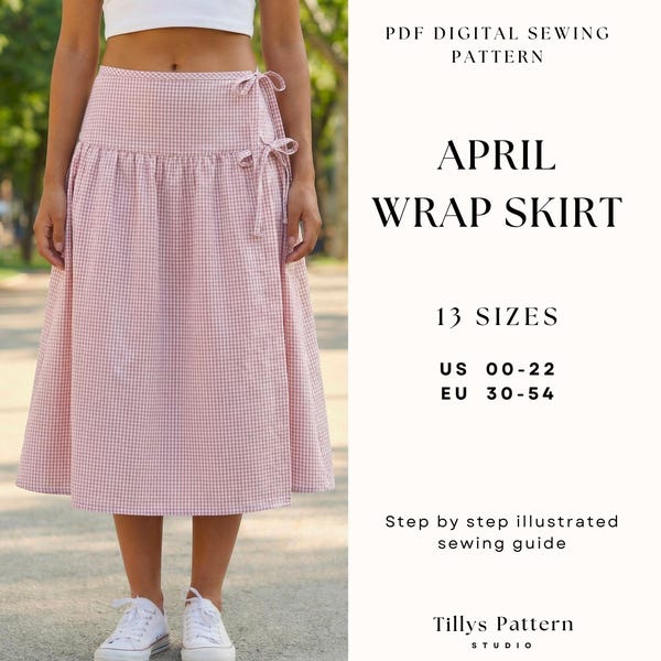 Low Waist Wrap Skirt Sewing Pattern| Yoke Skirt Pattern| Tie Skirt Pattern| Tea Length Skirt| Sewing Illustrated Tutorial| US 00-22