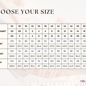 Size chart. US 00-20, EU 30-52, UK 2-24