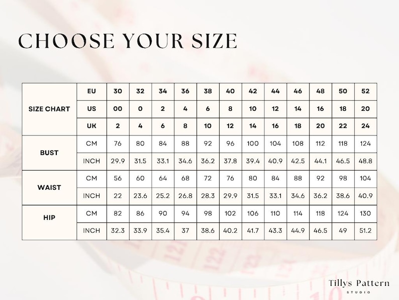 Size chart. US 00-20, EU 30-52, UK 2-24