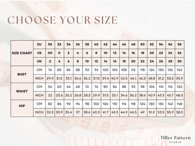 Size chart. US 00-24, EU 30-56, UK 2-26