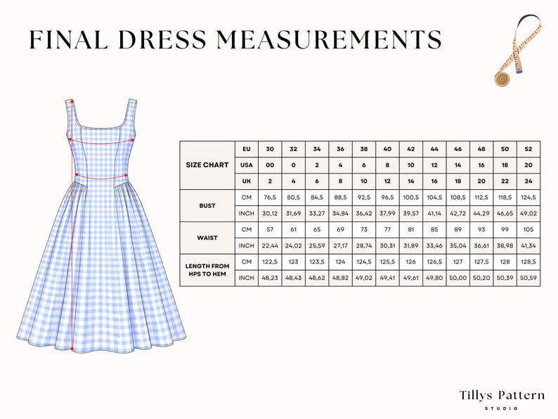 Final dress measurements table.