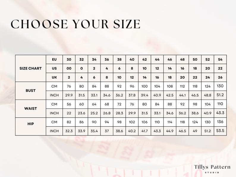 Size chart US 00-22 EU 30-54