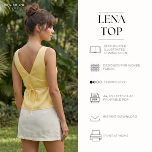 PDF Digital sewing pattern. Bias cut  summmer top  pattern back ties. Easy beginner pattern 13 sizes: US 00-22, EU 30-54. Step by step easy sewing instructions. Sewing tutorial. Cotton top pattern. Linen  top pattern.