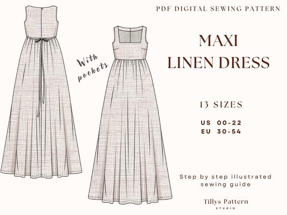 Linen Dress Sewing Pattern| Square Neck Dress Pattern| Maxi Dress Pattern| Cottagecore Dress| Plus Size Dress Pattern| US 0-20| Easy Pattern