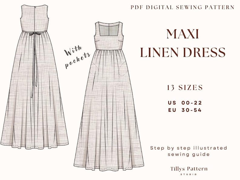 PDF Digital sewing pattern. Maxi dress pattern. Easy beginner pattern 13 sizes: US 00-22, EU 30-54. Step by step easy sewing instructions.