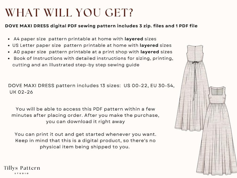 Linen maxi dress digital PDF sewing pattern includes 3 zip. files and 1 PDF file .A4, US Letter and A0. Square neck  dress pattern printable in your home with files with layered sizes.  Book of Instructions with  illustrated step-by step sewing guide
