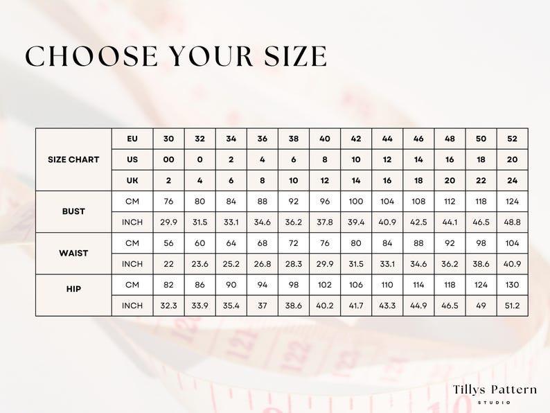 Body sizes table.