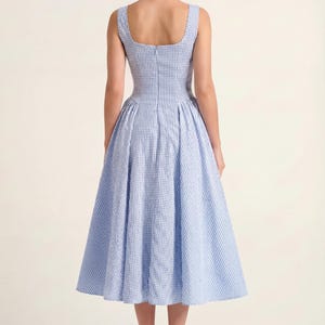 PDF Digital sewing pattern. Square neck  summmer midi dress pattern. Easy beginner pattern 12 sizes: US 00-20, EU 30-52. Step by step easy sewing instructions. Sewing tutorial. Cotton dress pattern. Gingham dress pattern.