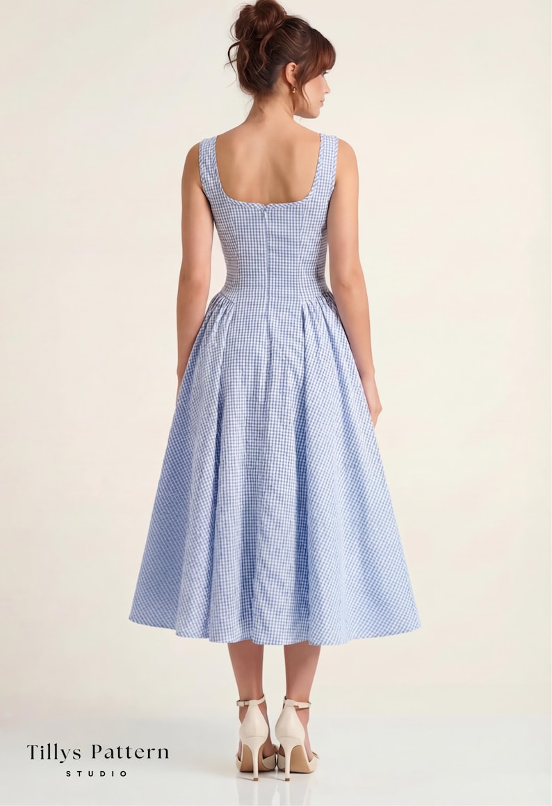 PDF Digital sewing pattern. Square neck  summmer midi dress pattern. Easy beginner pattern 12 sizes: US 00-20, EU 30-52. Step by step easy sewing instructions. Sewing tutorial. Cotton dress pattern. Gingham dress pattern.
