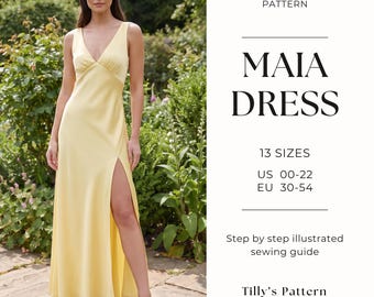 Evening Slit Dress| V Neck Bias Cut Dress| Wedding Dress| Formal Dress| Plus Size Sewing Pattern| Bridesmaid dress| Silk Dress| US 0-22