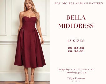 Bustier Midi Dress Sewing Pattern: Hourglass Silhouette, US 0-20 (PDF Pattern)