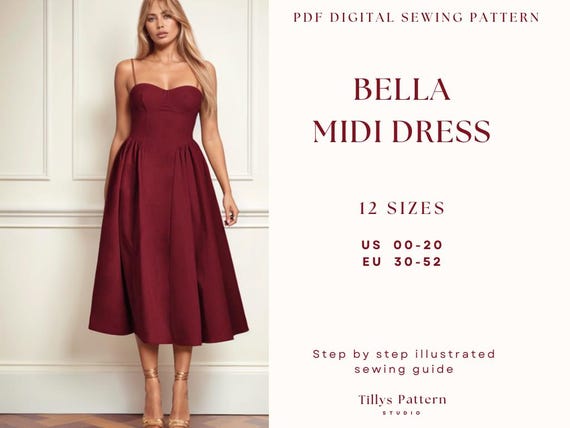 Bustier Midi Dress Sewing Pattern: Hourglass Silhouette, US 0-20 (PDF Pattern)