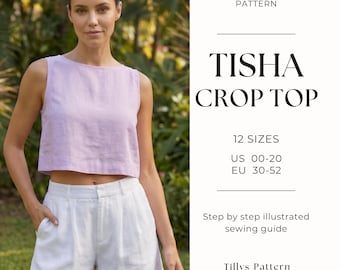 Eenvoudig naaipatroon voor een crop tanktop | Mouwloze top | Linnen top | Zomertop | Losse top | Naaihandleiding | Maten 0-20 (VS)