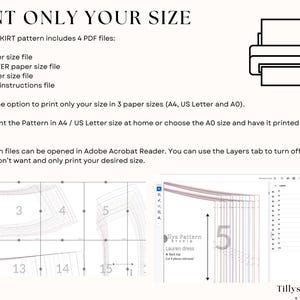 How to print only the size you need and save time and ink.                                                           
 1.A4 paper size pattern with layered sizes. 2. US Letter paper size pattern with layered sizes.  3. A0 paper size  pattern printable at a print shop with layered sizes
  4. Book of Instructions with detailed instructions for sizing, printing,                                                   cutting and an illustrated step-by step sewing guide