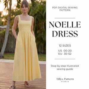 Pode incluir: Um molde de costura digital em PDF para o vestido Noelle, disponível em 12 tamanhos US 00-20 e EU 30-52. O molde inclui um guia de costura ilustrado passo a passo da Tillys Pattern Studio, mostrando um vestido longo amarelo sem mangas.
