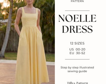 Patrón de costura para vestido con escote cuadrado / Patrón para vestido largo / Patrón para vestido con espalda descubierta / Vestido de algodón / Vestido de verano / Tutorial de costura / Tallas estadounidenses 0-20