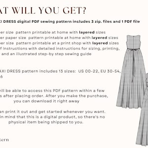 Linen maxi dress digital PDF sewing pattern includes 3 zip. files and 1 PDF file .A4, US Letter and A0. Square neck  dress pattern printable in your home with files with layered sizes.  Book of Instructions with  illustrated step-by step sewing guide