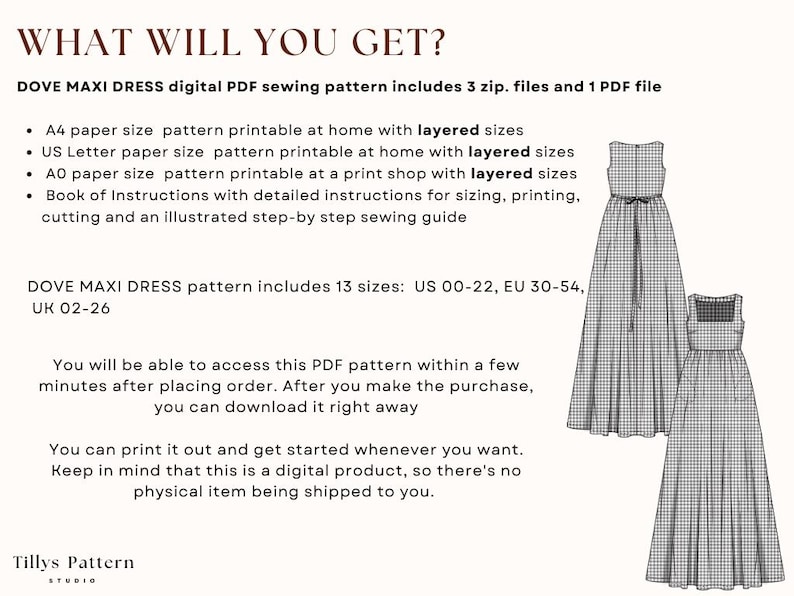 Linen maxi dress digital PDF sewing pattern includes 3 zip. files and 1 PDF file .A4, US Letter and A0. Square neck  dress pattern printable in your home with files with layered sizes.  Book of Instructions with  illustrated step-by step sewing guide