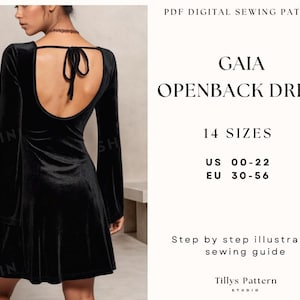 Peut inclure: Patron de couture numérique PDF pour une robe noire en velours à dos ouvert. Le patron comprend 14 tailles, du 00 au 22 US et du 30 au 56 EU. Le patron comprend un guide de couture illustré étape par étape. Le patron s'appelle "Gaia Openback Dress".