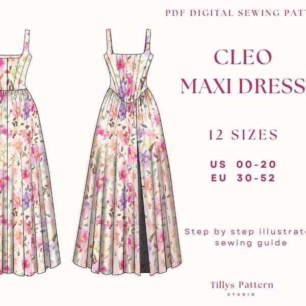 Evening Corset Dress Sewing Pattern| Slit Dress Pattern| Square Neck Dress Pattern|  Wedding Dress| Plus Size Sewing Pattern| US 00-20