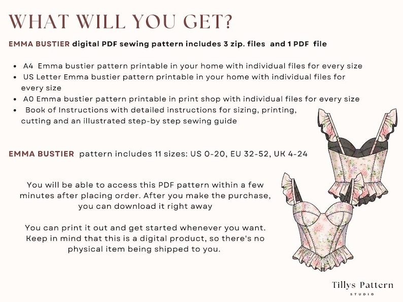 Emma bustier digital PDF sewing pattern includes 3 zip. files and 1 PDF file .A4, US Letter and A0 Emma bustier pattern printable in your home with individual file for every size.  Book of Instructions with  illustrated step-by step sewing guide