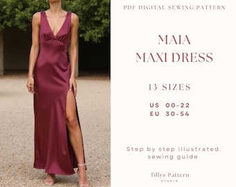 Evening Slit Dress| V Neck Bias Cut Dress| Wedding Dress| Formal Dress| Plus Size Sewing Pattern| Bridesmaid dress| Silk Dress| US 0-22