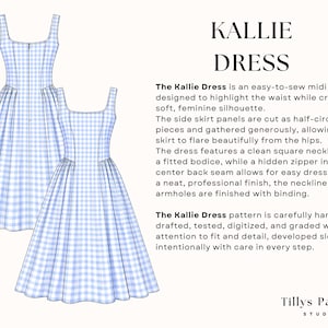 The Kallie Dress is an easy-to-sew midi dress designed to highlight the waist while creating a soft, feminine silhouette.
The side skirt panels are cut as half-circle pieces and gathered generously, allowing the skirt to flare beautifully from the hips.
The dress features a clean square neckline and a fitted bodice, while a hidden zipper in the center back seam allows for easy dressing. For a neat, professional finish, the neckline and armholes are finished with binding.