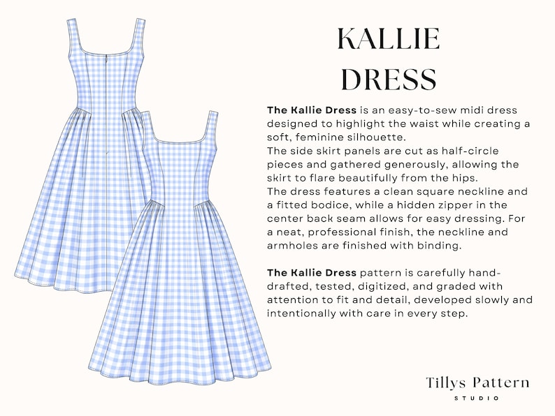 The Kallie Dress is an easy-to-sew midi dress designed to highlight the waist while creating a soft, feminine silhouette.
The side skirt panels are cut as half-circle pieces and gathered generously, allowing the skirt to flare beautifully from the hips.
The dress features a clean square neckline and a fitted bodice, while a hidden zipper in the center back seam allows for easy dressing. For a neat, professional finish, the neckline and armholes are finished with binding.