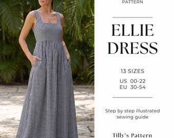 High Waist Square Neck Dress Sewing Pattern| Empire Waist Maxi Dress Pattern| Tie-Back Cotton Maxi Dress| Plus Size Sewing Pattern| US 0-22