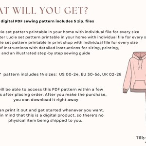 LUCIE SET digital PDF sewing pattern includes 5 zip. files.  A4, US Letter and A0  Lucie set pattern printable in your home with individual file for every size.  Book of Instructions with  illustrated step-by step sewing guide