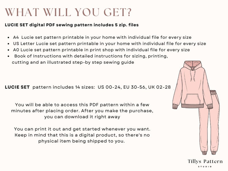 LUCIE SET digital PDF sewing pattern includes 5 zip. files.  A4, US Letter and A0  Lucie set pattern printable in your home with individual file for every size.  Book of Instructions with  illustrated step-by step sewing guide